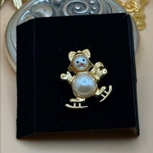 Festive Gold Snowman Brooch with Pearl
